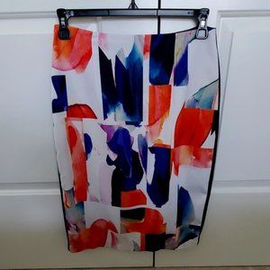 EUC Ellen Tracy Abstract Navy Orange Print Pencil Skirt Size 8